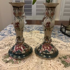 Vintage Floral Candle Holders with Gold Accents